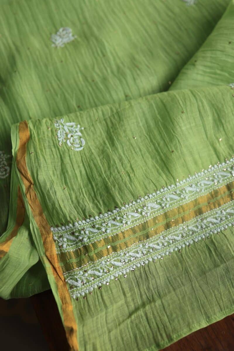 Green Mal Cotton Chikankari Unstitched Kurta Dupatta Fabrics With Kamdani