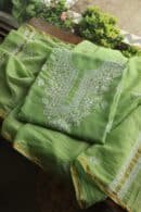 Green Mal Cotton Chikankari Unstitched Kurta Dupatta Fabrics With Kamdani
