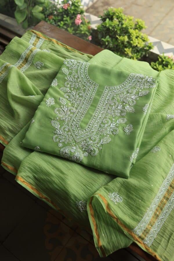 Green Mal Cotton Chikankari Unstitched Kurta Dupatta Fabrics With Kamdani