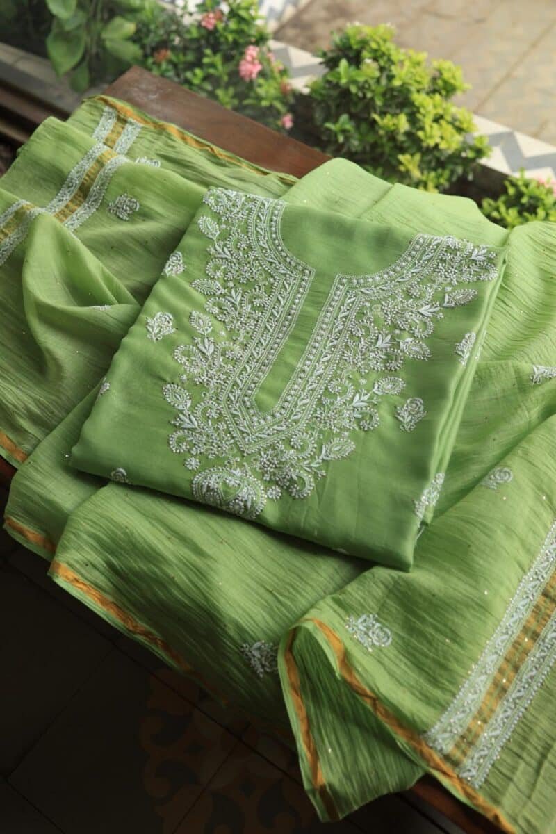 Green Mal Cotton Chikankari Unstitched Kurta Dupatta Fabrics With Kamdani