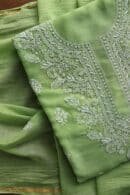 Green Mal Cotton Chikankari Unstitched Kurta Dupatta Fabrics With Kamdani