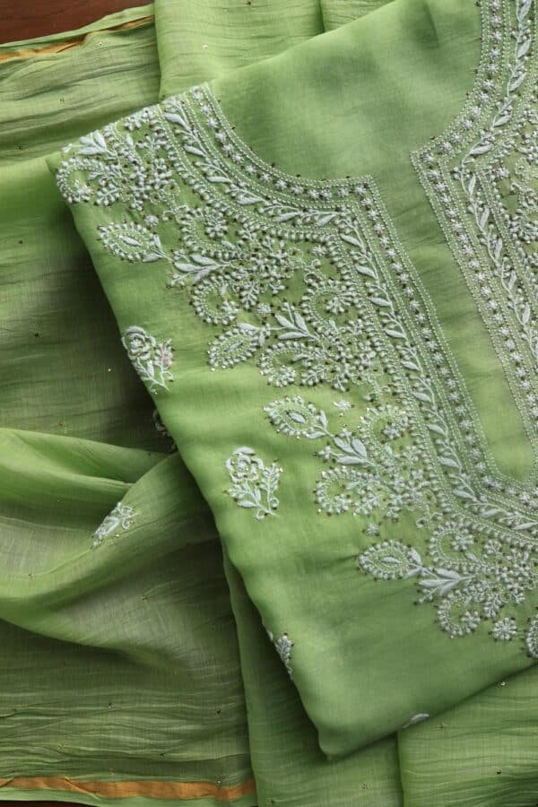 Green Mal Cotton Chikankari Unstitched Kurta Dupatta Fabrics With Kamdani - Image 10