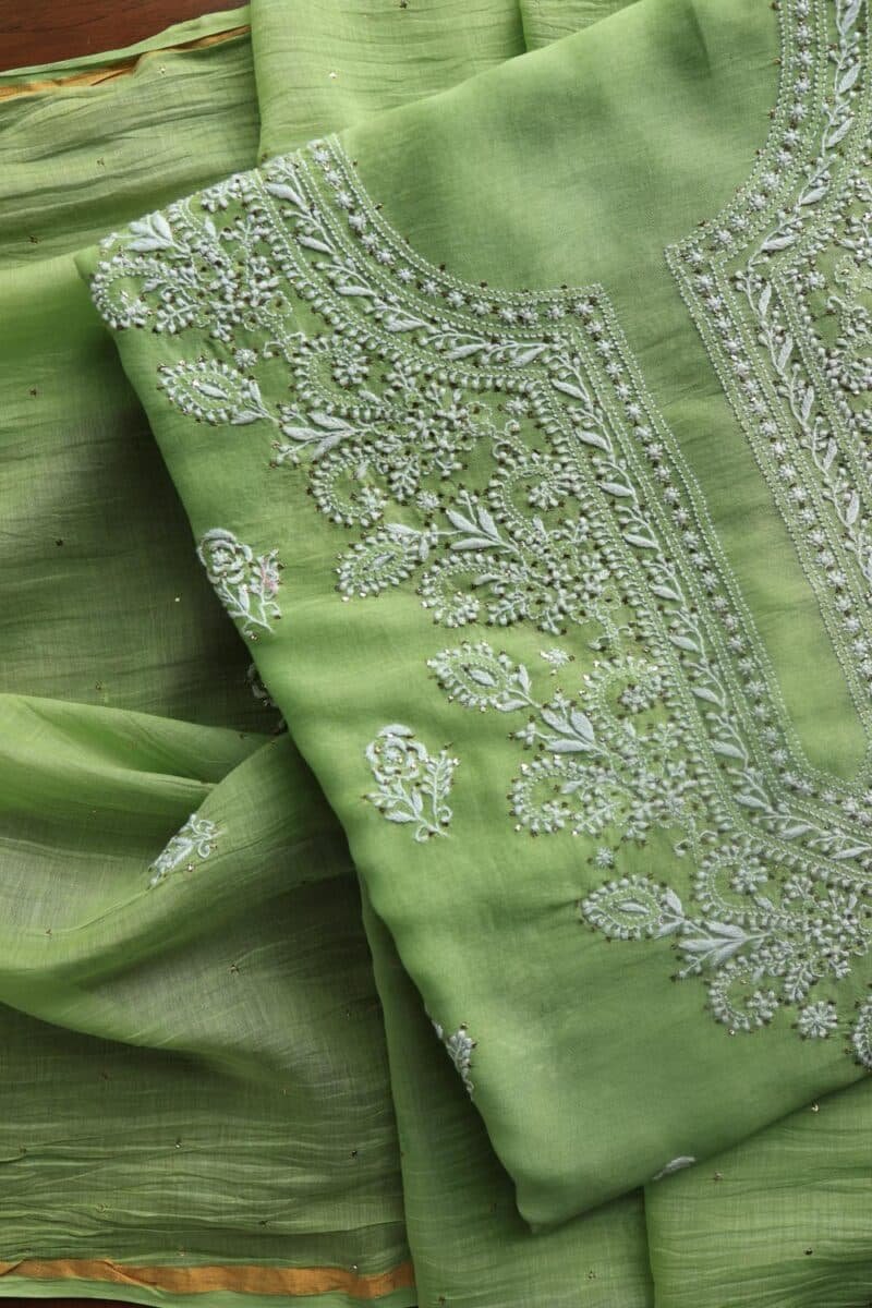 Green Mal Cotton Chikankari Unstitched Kurta Dupatta Fabrics With Kamdani