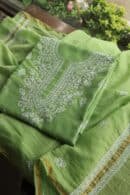 Green Mal Cotton Chikankari Unstitched Kurta Dupatta Fabrics With Kamdani