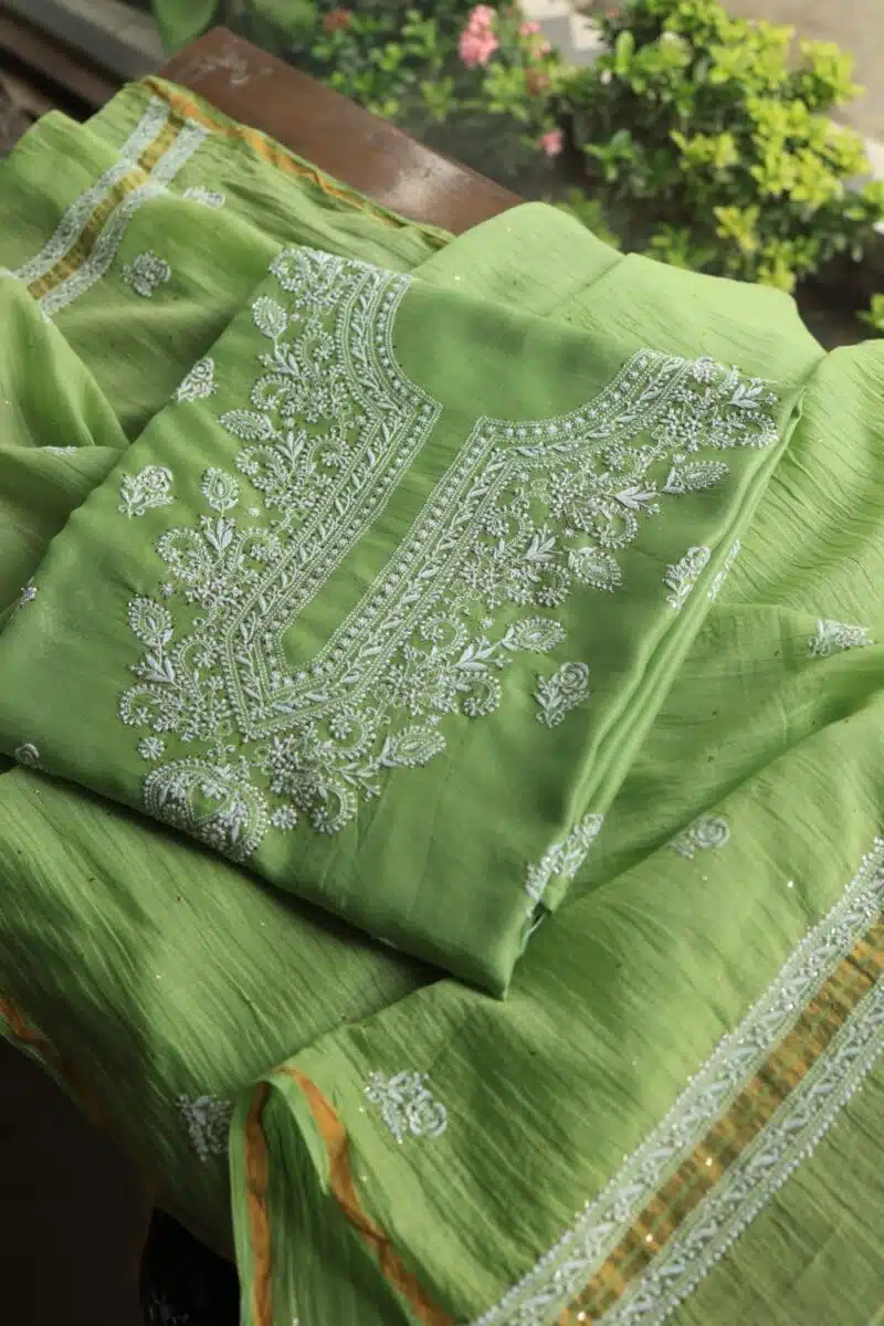 Green Mal Cotton Chikankari Unstitched Kurta Dupatta Fabrics With Kamdani
