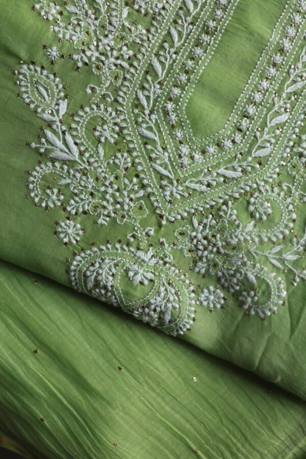 Green Mal Cotton Chikankari Unstitched Kurta Dupatta Fabrics With Kamdani - Image 12