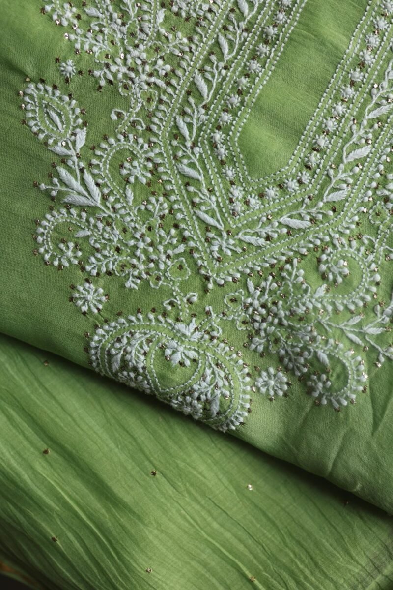 Green Mal Cotton Chikankari Unstitched Kurta Dupatta Fabrics With Kamdani