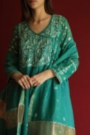 Teal Green Malmal Mukaish Kamdani Chikankari Stitched Angarkha Kurta Dupatta Set