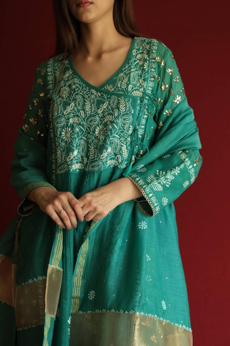 Teal Green Malmal Mukaish Kamdani Chikankari Stitched Angarkha Kurta Dupatta Set