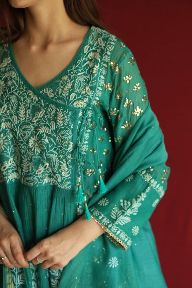 Teal Green Malmal Mukaish Kamdani Chikankari Stitched Angarkha Kurta Dupatta Set