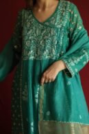 Teal Green Malmal Mukaish Kamdani Chikankari Stitched Angarkha Kurta Dupatta Set