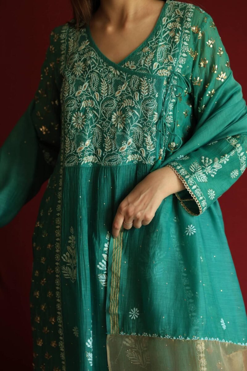 Teal Green Malmal Mukaish Kamdani Chikankari Stitched Angarkha Kurta Dupatta Set