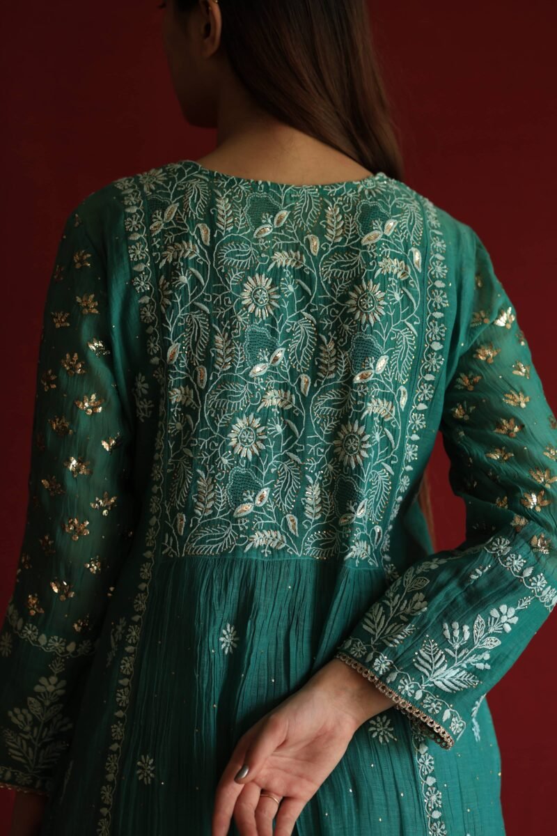 Green Malmal Mukaish Kamdani & Chikankari Angarkha Kurta Dupatta Set