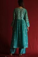 Teal Green Malmal Mukaish Kamdani Chikankari Stitched Angarkha Kurta Dupatta Set