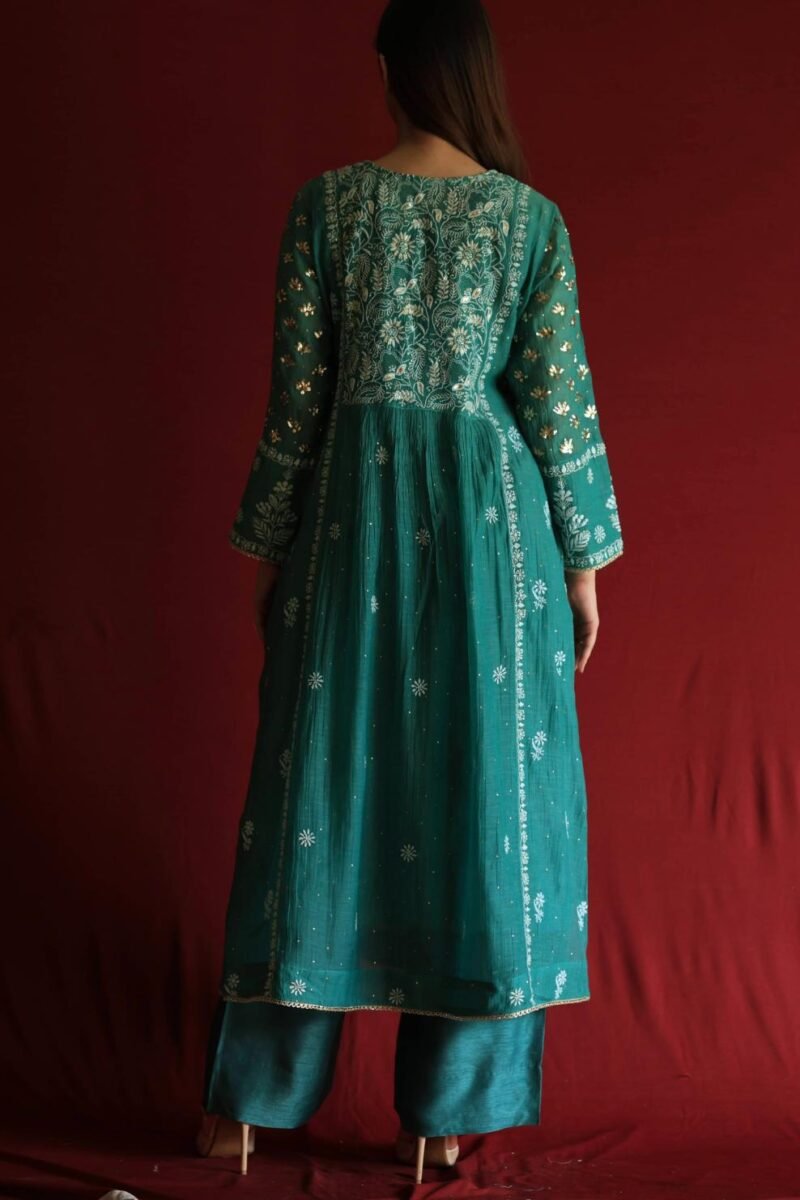 Teal Green Malmal Mukaish Kamdani Chikankari Stitched Angarkha Kurta Dupatta Set