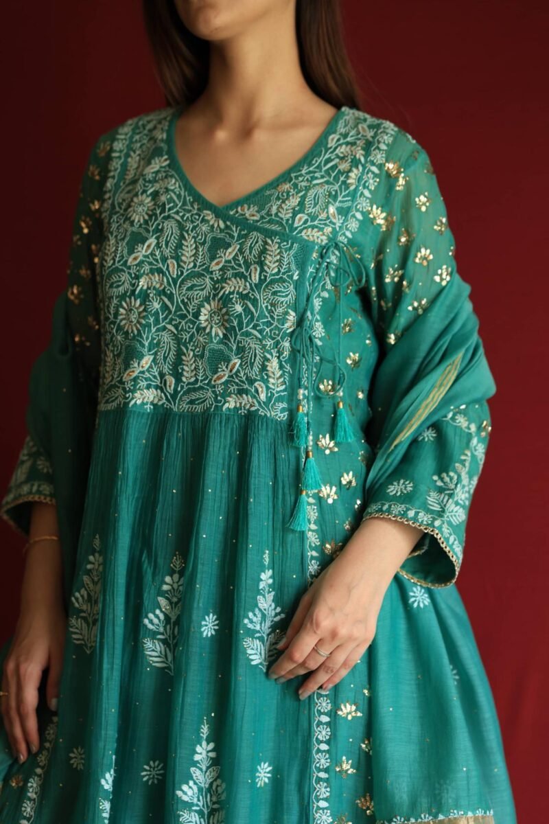 Teal Green Malmal Mukaish Kamdani Chikankari Stitched Angarkha Kurta Dupatta Set