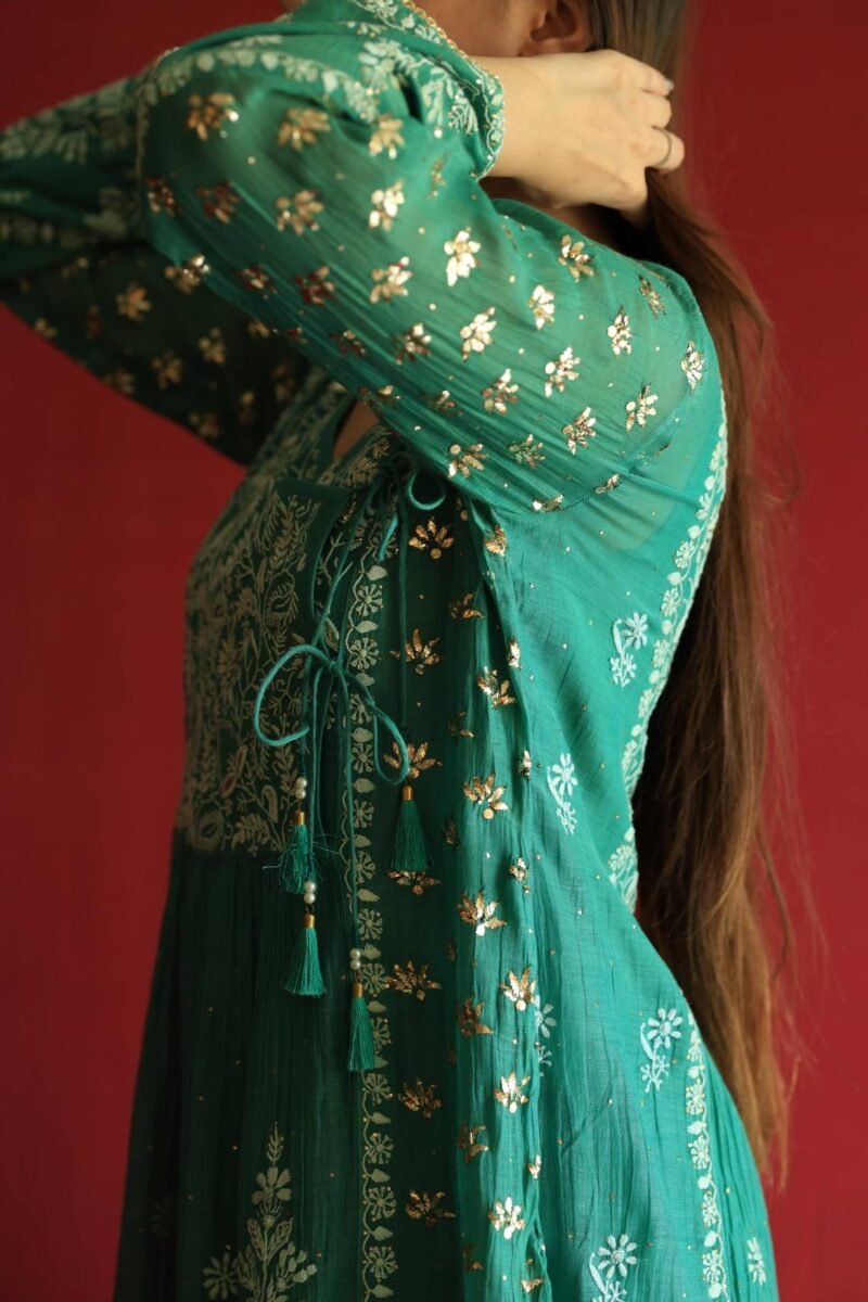 Teal Green Malmal Mukaish Kamdani Chikankari Stitched Angarkha Kurta Dupatta Set