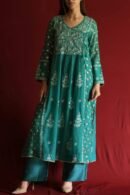 Teal Green Malmal Mukaish Kamdani Chikankari Stitched Angarkha Kurta Dupatta Set