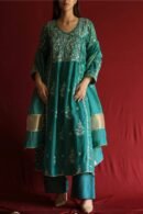 Teal Green Malmal Mukaish Kamdani Chikankari Stitched Angarkha Kurta Dupatta Set
