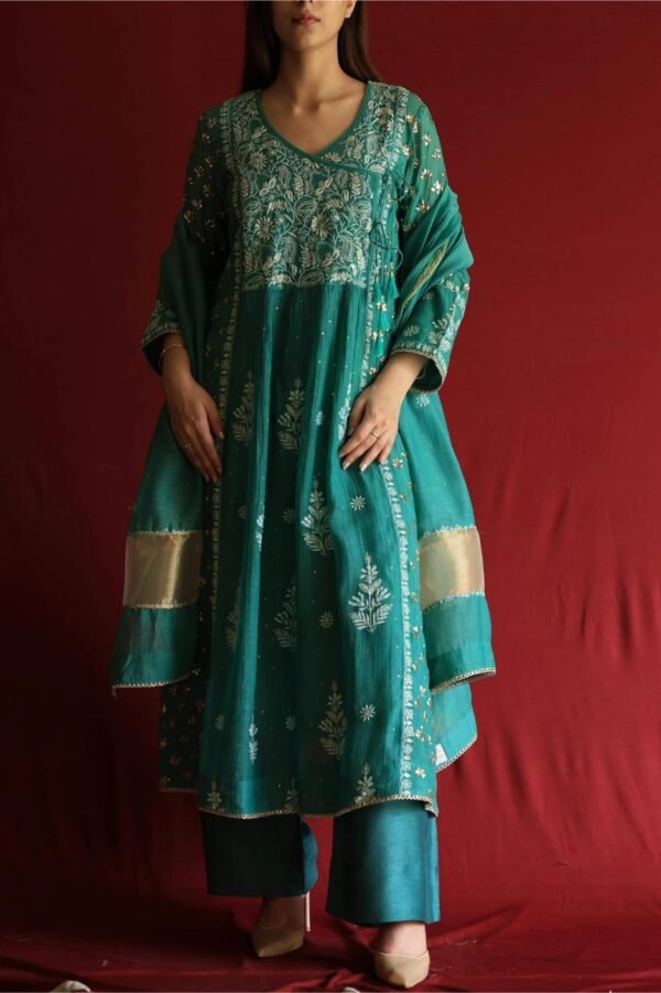 Teal Green Malmal Mukaish Kamdani Chikankari Stitched Angarkha Kurta Dupatta Set - Image 12