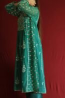 Teal Green Malmal Mukaish Kamdani Chikankari Stitched Angarkha Kurta Dupatta Set