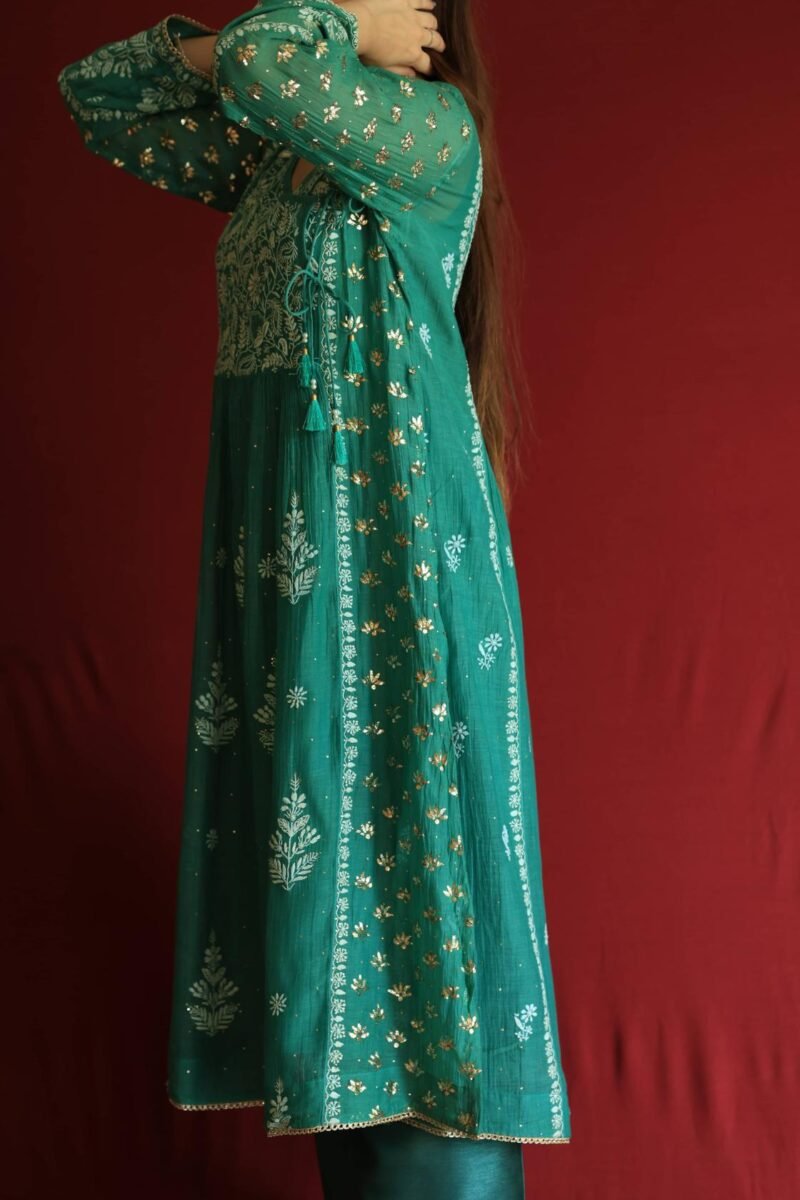 Teal Green Malmal Mukaish Kamdani Chikankari Stitched Angarkha Kurta Dupatta Set