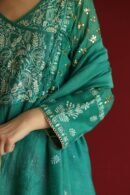 Teal Green Malmal Mukaish Kamdani Chikankari Stitched Angarkha Kurta Dupatta Set