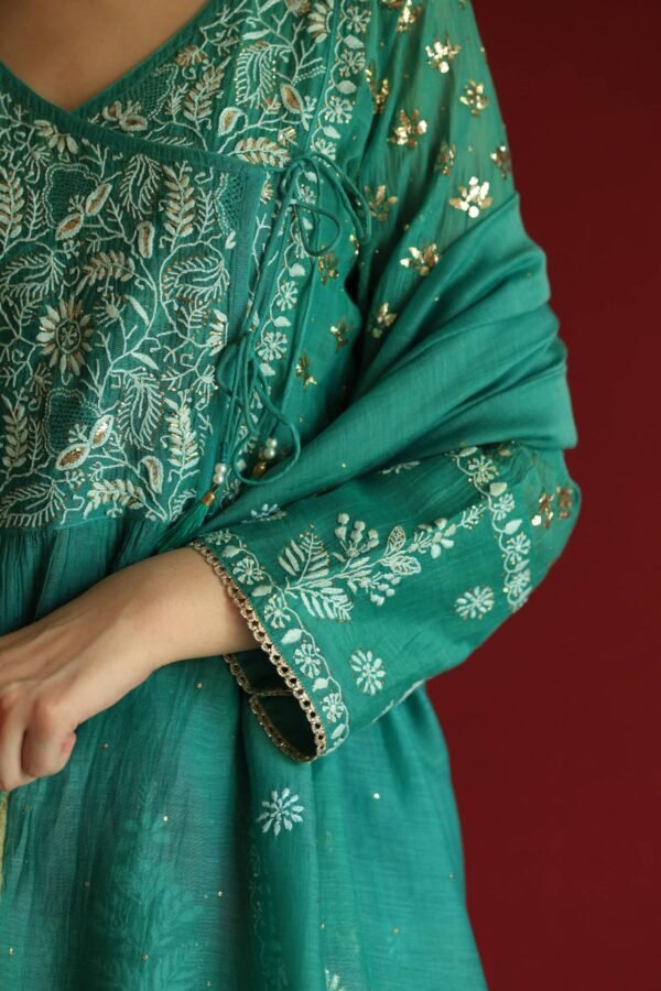 Teal Green Malmal Mukaish Kamdani Chikankari Stitched Angarkha Kurta Dupatta Set - Image 14
