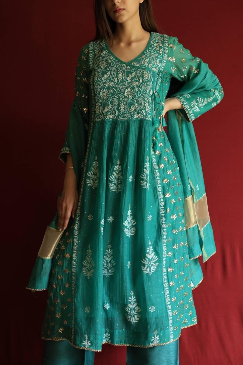 Teal Green Malmal Mukaish Kamdani Chikankari Stitched Angarkha Kurta Dupatta Set