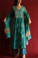 Teal Green Malmal Mukaish Kamdani Chikankari Stitched Angarkha Kurta Dupatta Set