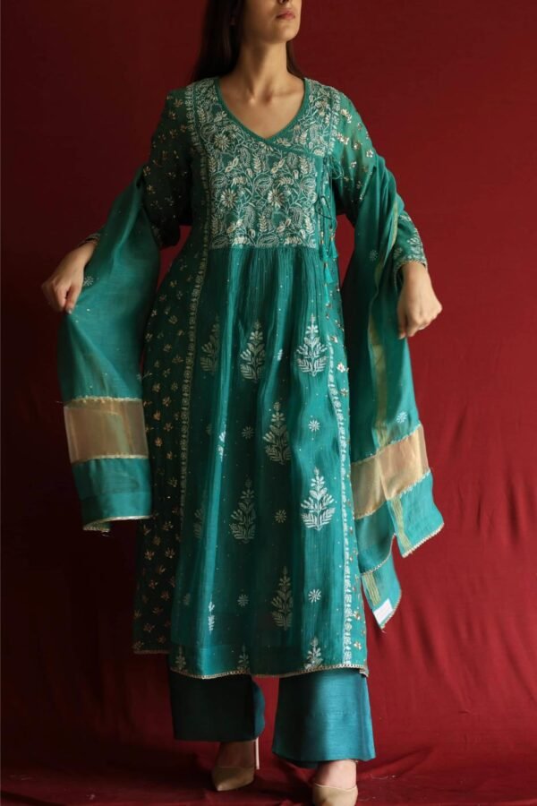 Teal Green Malmal Mukaish Kamdani Chikankari Stitched Angarkha Kurta Dupatta Set - Image 3