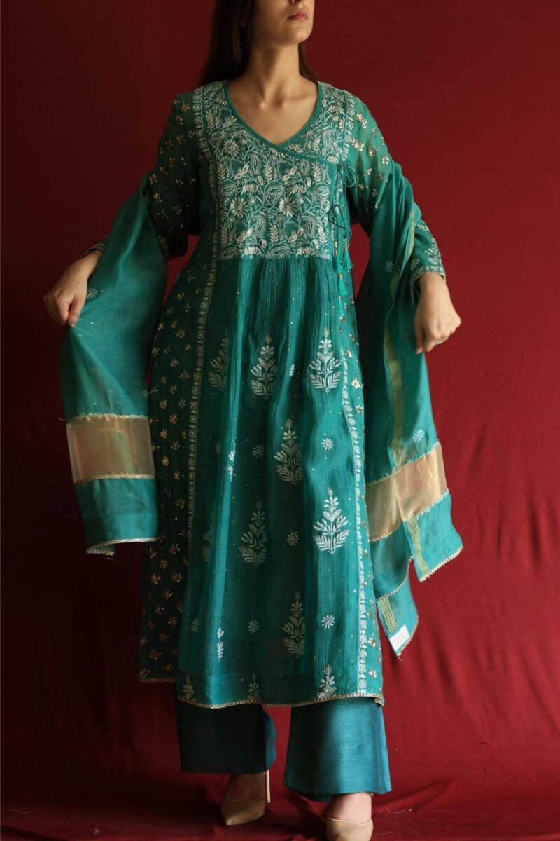 Teal Green Malmal Mukaish Kamdani Chikankari Stitched Angarkha Kurta Dupatta Set