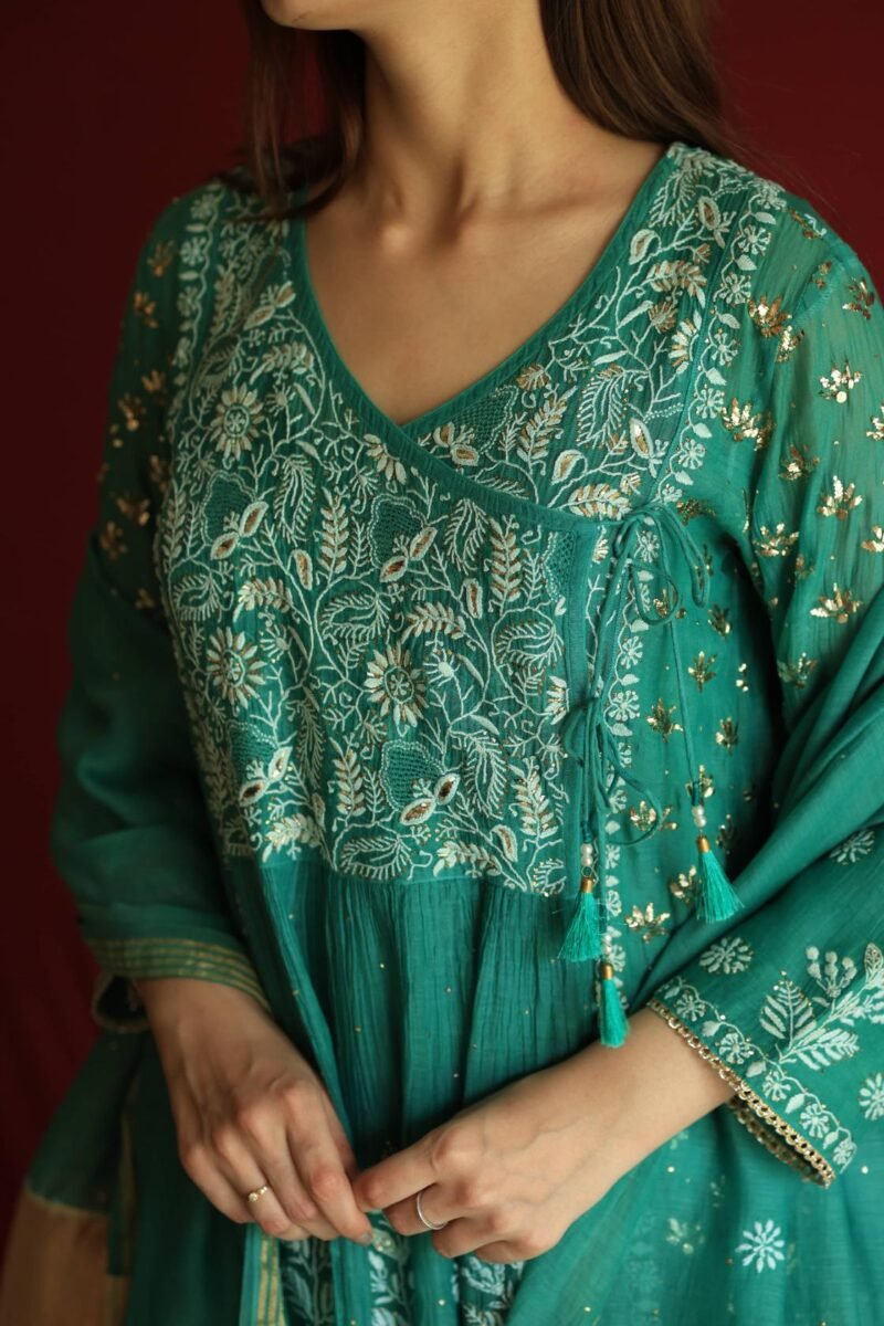 Teal Green Malmal Mukaish Kamdani Chikankari Stitched Angarkha Kurta Dupatta Set