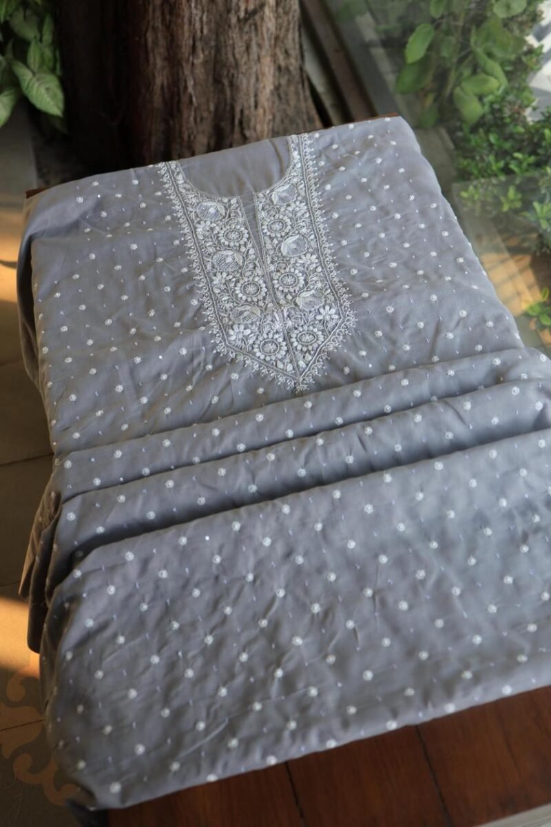 Grey Cotton Chikankari Unstitched Kurta Fabrics