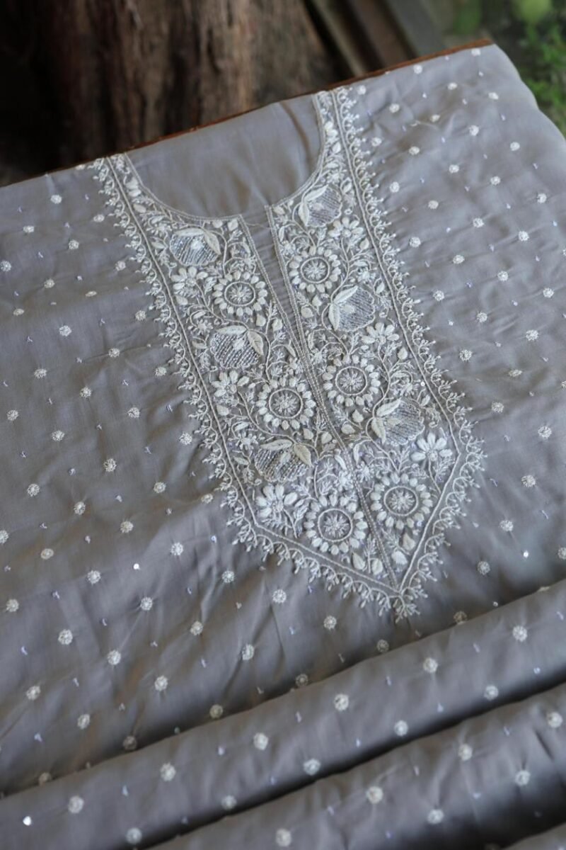 Grey Cotton Chikankari Unstitched Kurta Fabrics