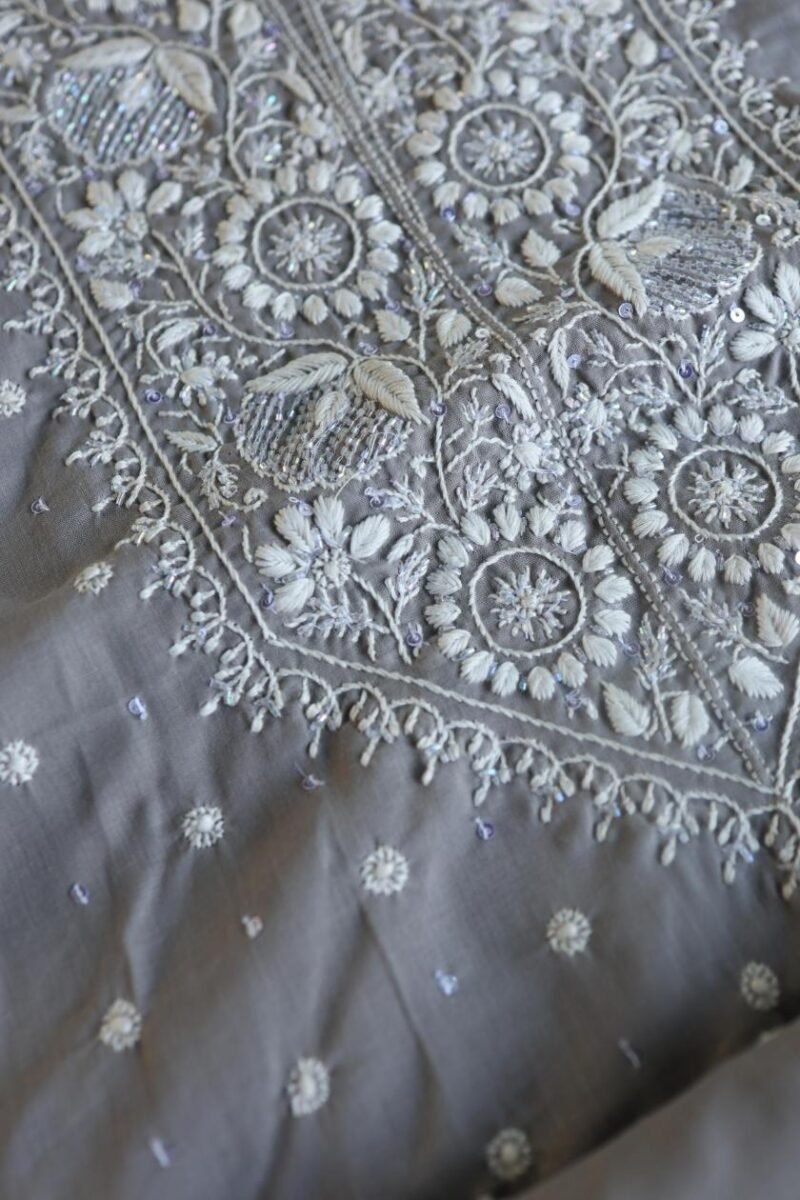 Grey Cotton Chikankari Unstitched Kurta Fabrics
