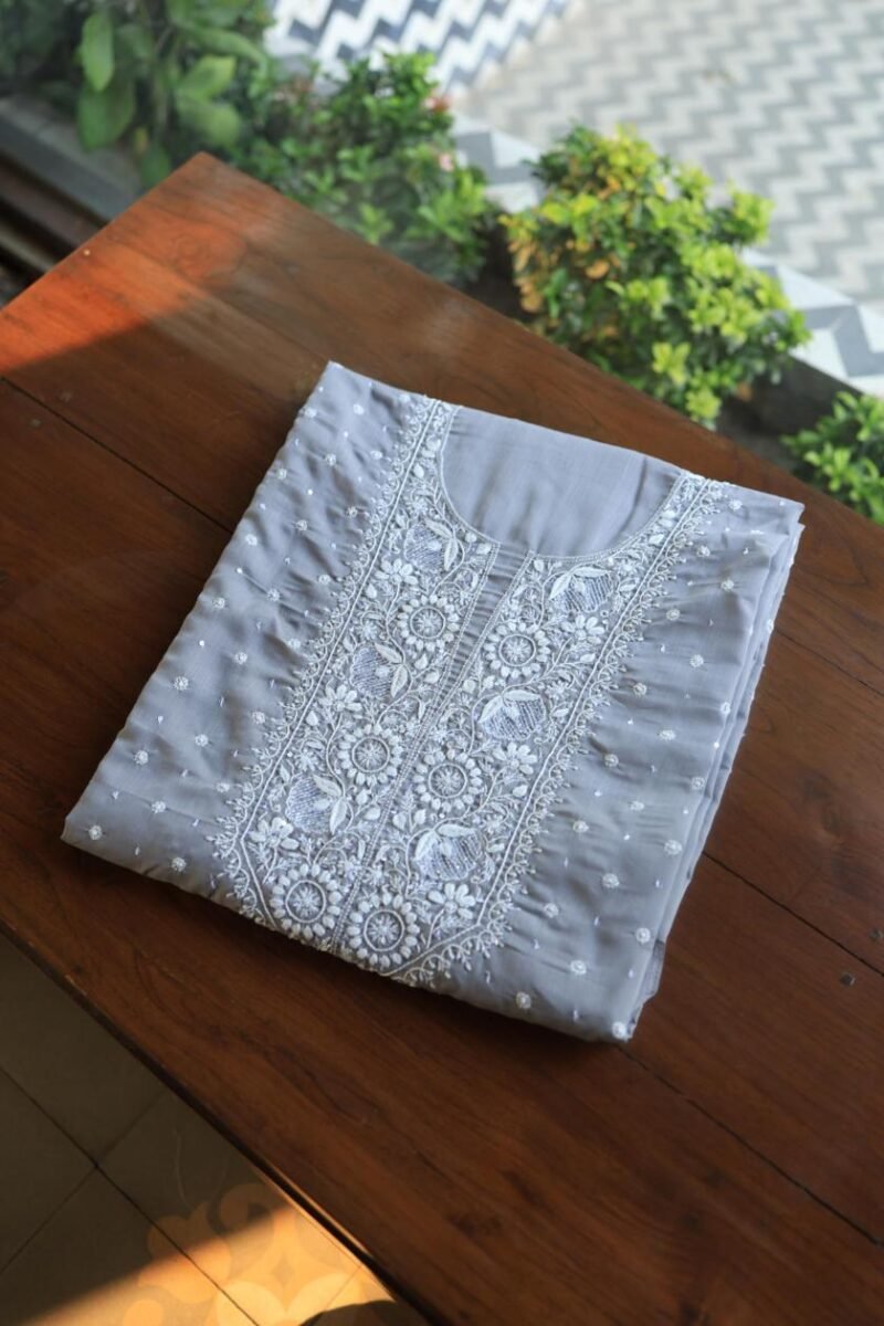 Grey Cotton Chikankari Unstitched Kurta Fabrics
