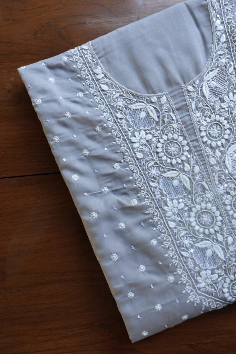 Grey Cotton Chikankari Unstitched Kurta Fabrics