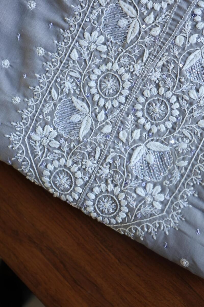 Grey Cotton Chikankari Unstitched Kurta Fabrics