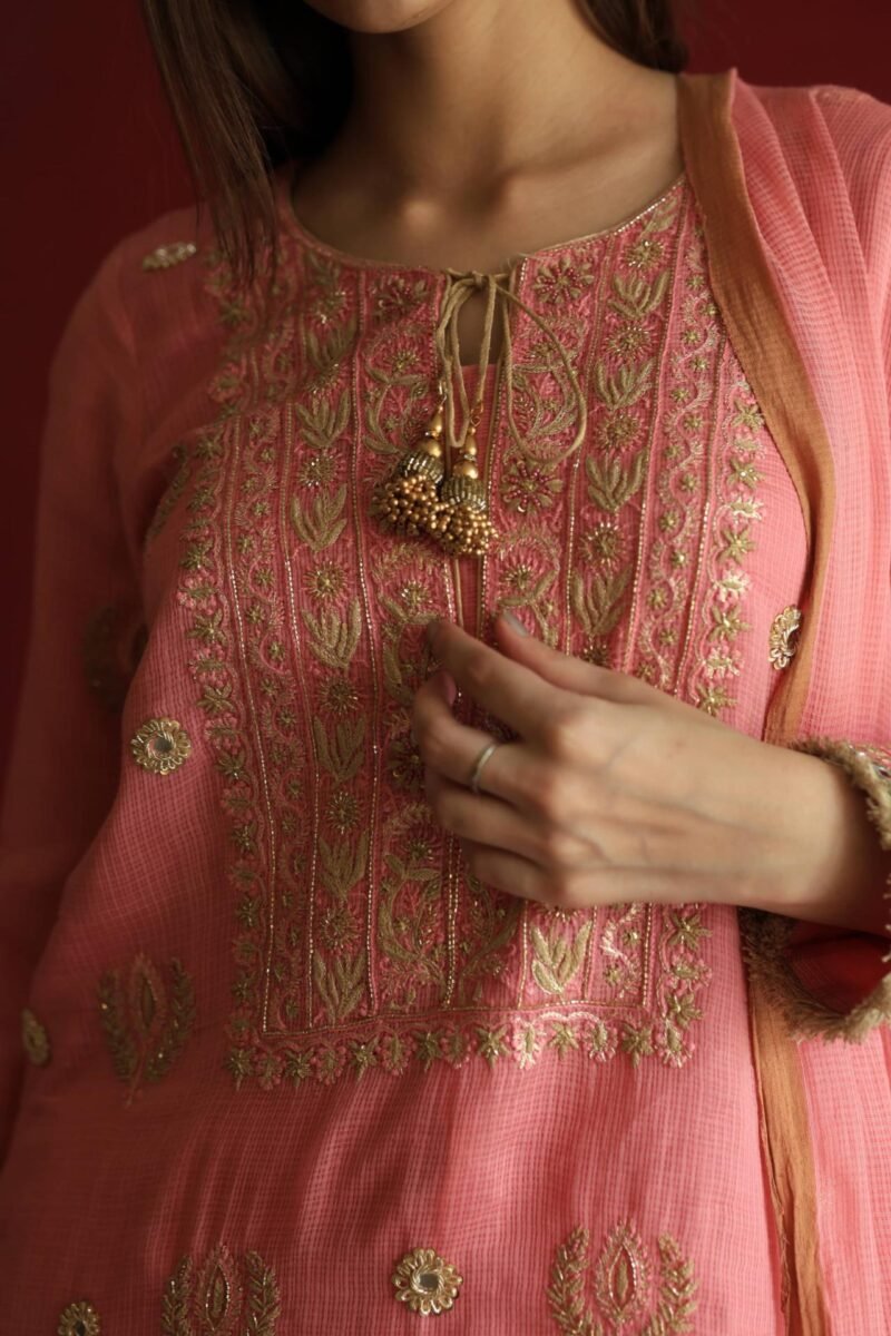 Lotus Pink Kota Mirror Chikankari Ready to Wear Kurta Set
