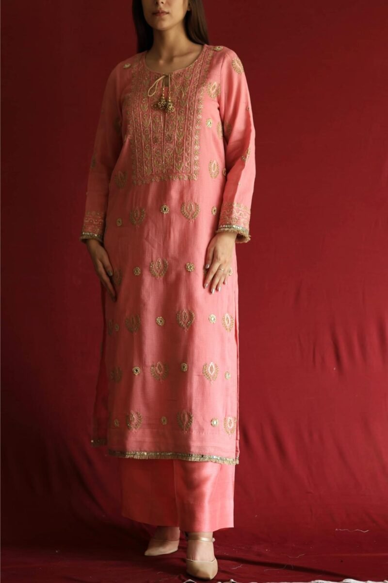 Lotus Pink Kota Mirror Chikankari Ready to Wear Kurta Set