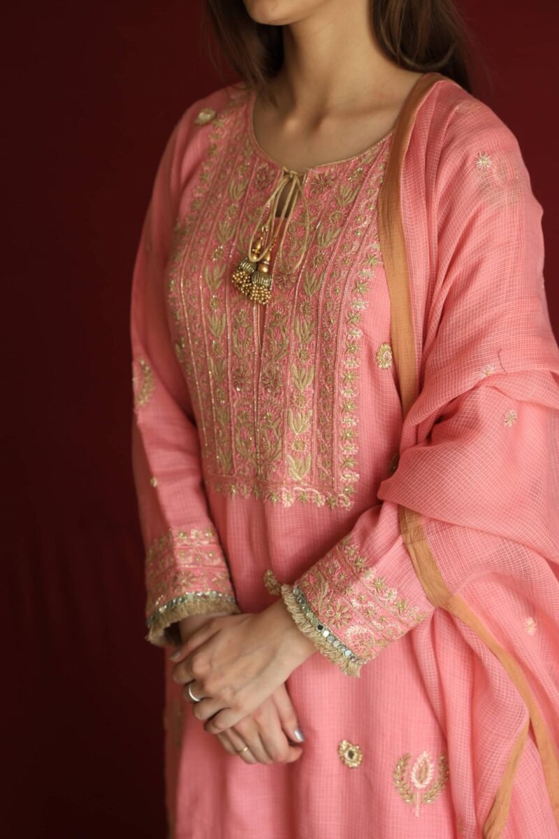 Lotus Pink Kota Mirror Chikankari Ready to Wear Kurta Set
