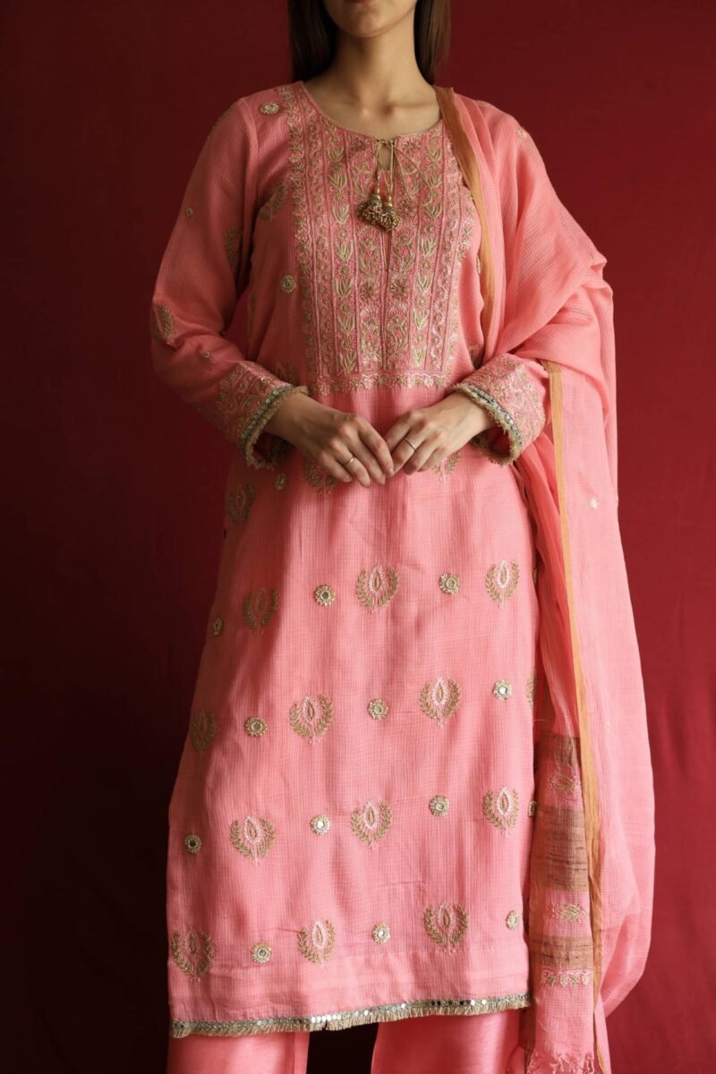 Lotus Pink Kota Mirror Chikankari Ready to Wear Kurta Set