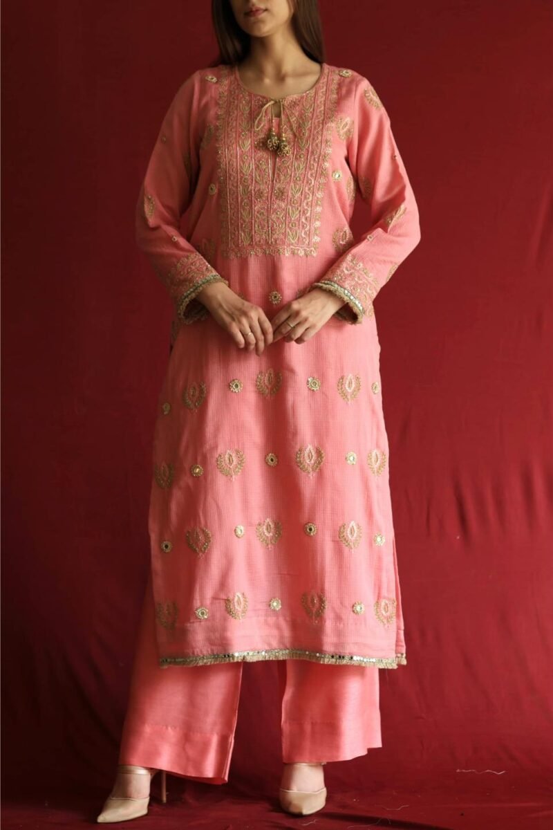 Lotus Pink Kota Mirror Chikankari Ready to Wear Kurta Set