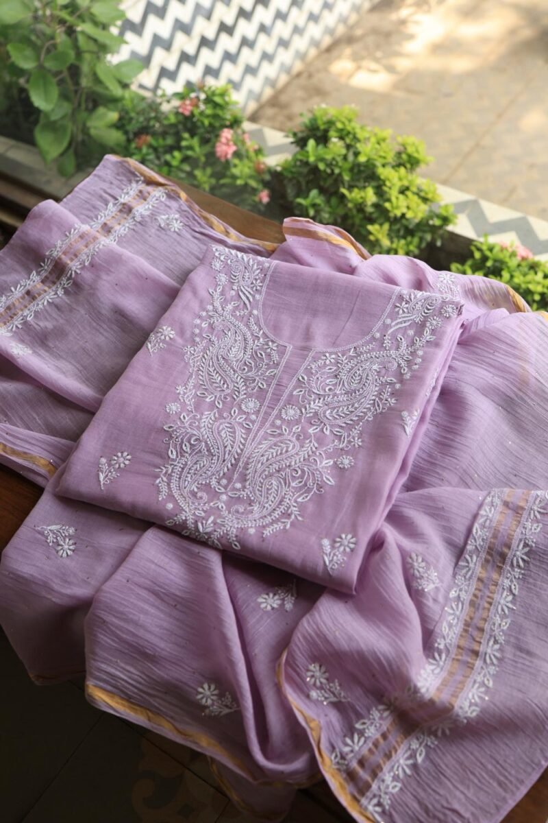 Lavender Mal Cotton Chikankari Unstitched Kurta Dupatta Fabrics With Kamdani