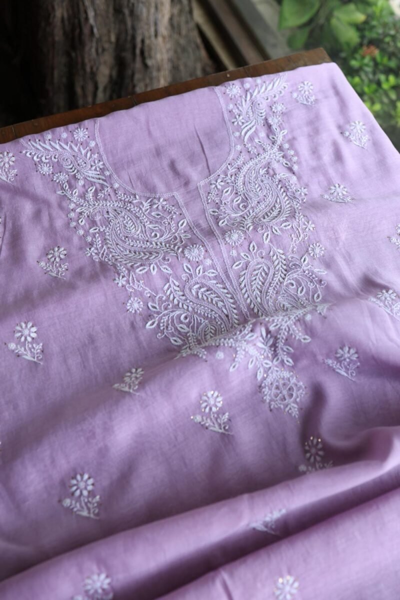Lavender Mal Cotton Chikankari Unstitched Kurta Dupatta Fabrics With Kamdani