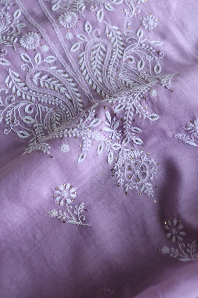 Lavender Mal Cotton Chikankari Unstitched Kurta Dupatta Fabrics With Kamdani