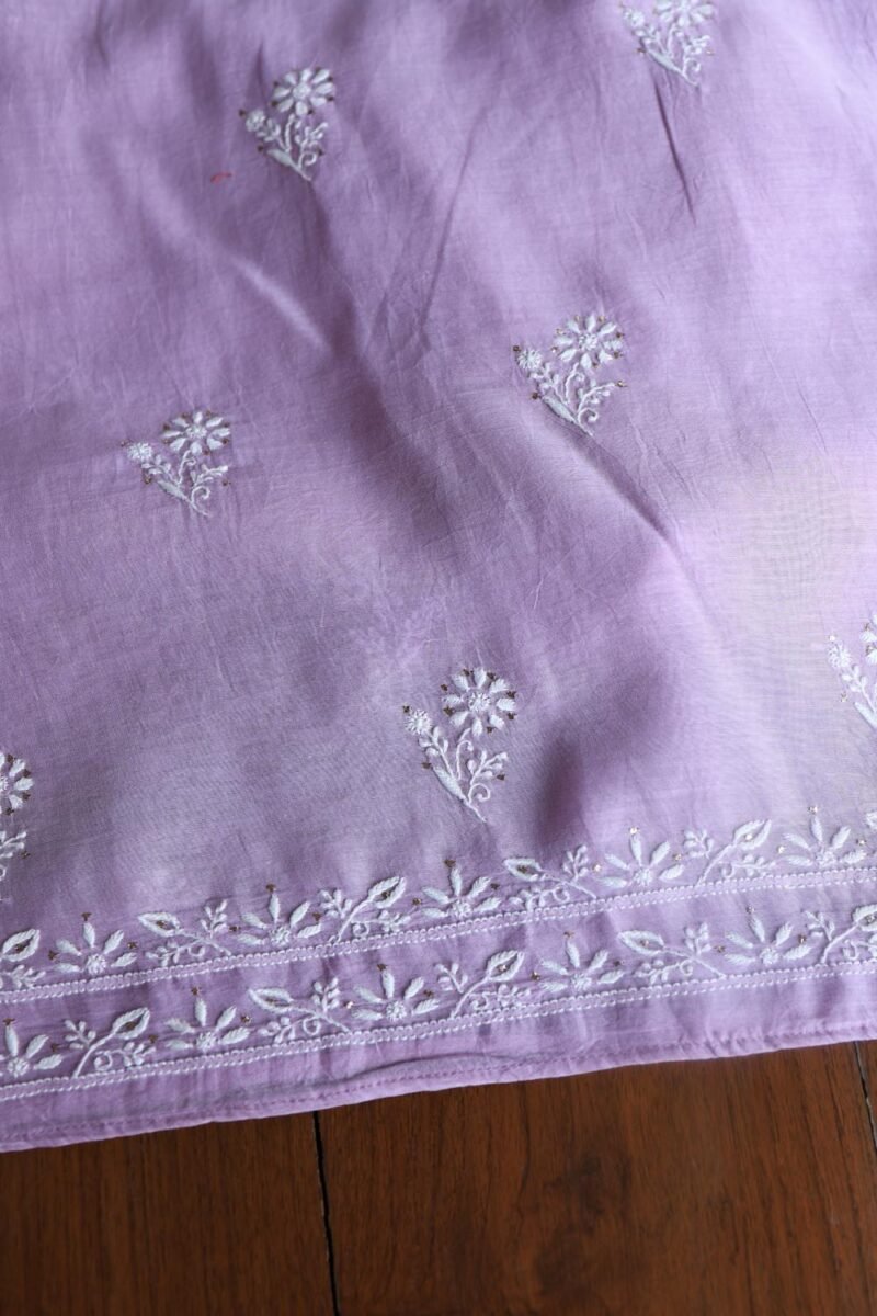 Lavender Mal Cotton Chikankari Unstitched Kurta Dupatta Fabrics With Kamdani