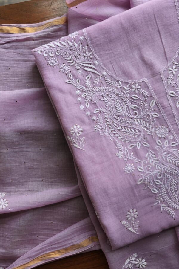 Lavender Mal Cotton Chikankari Unstitched Kurta Dupatta Fabrics With Kamdani - Image 3