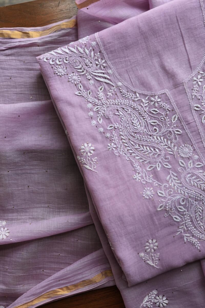 Lavender Mal Cotton Chikankari Unstitched Kurta Dupatta Fabrics With Kamdani